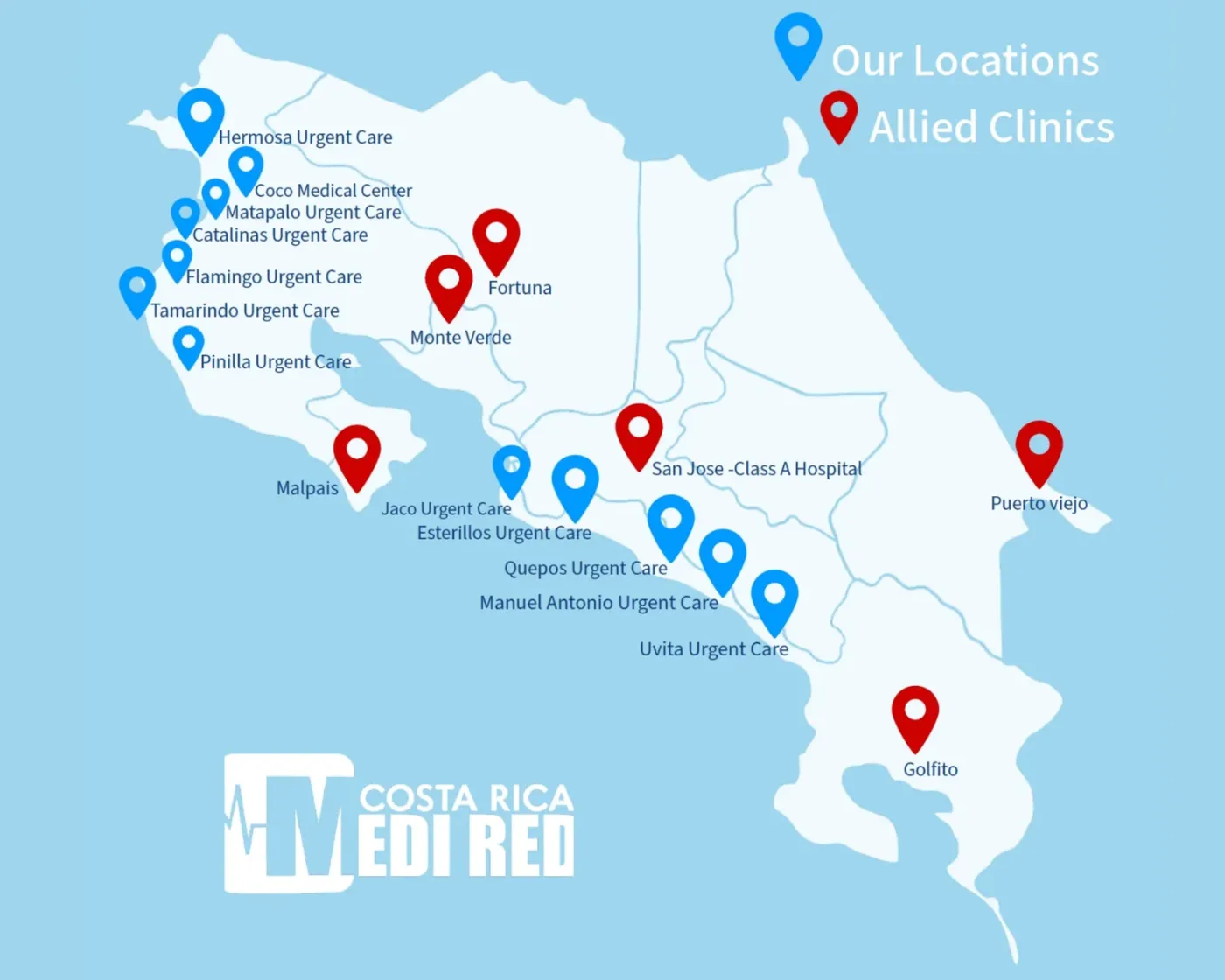 Map of Costa Rica showing Medi Red locations and allied clinics